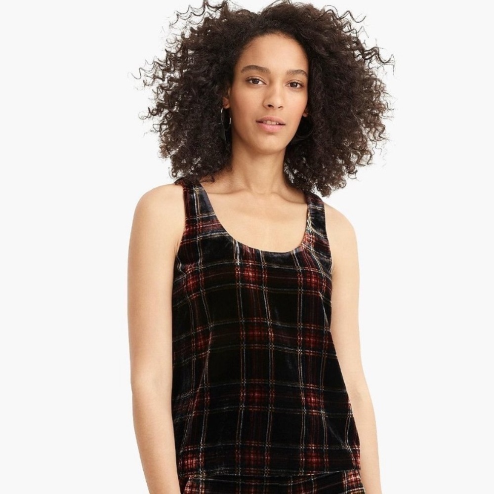 J Crew Stewart Tartan Velvet Tank Top Blouse Scoop Neck